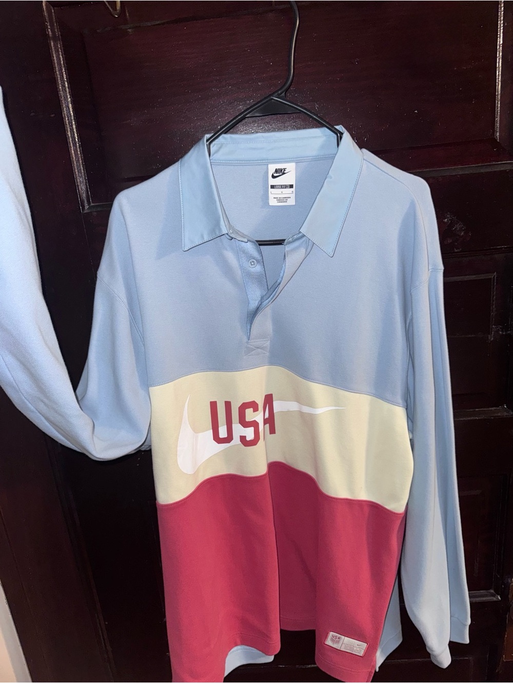 Nike USA Colorblock Long-Sleeve Polo — Light Blue/Cream/Red